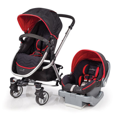 red car seat and stroller combo